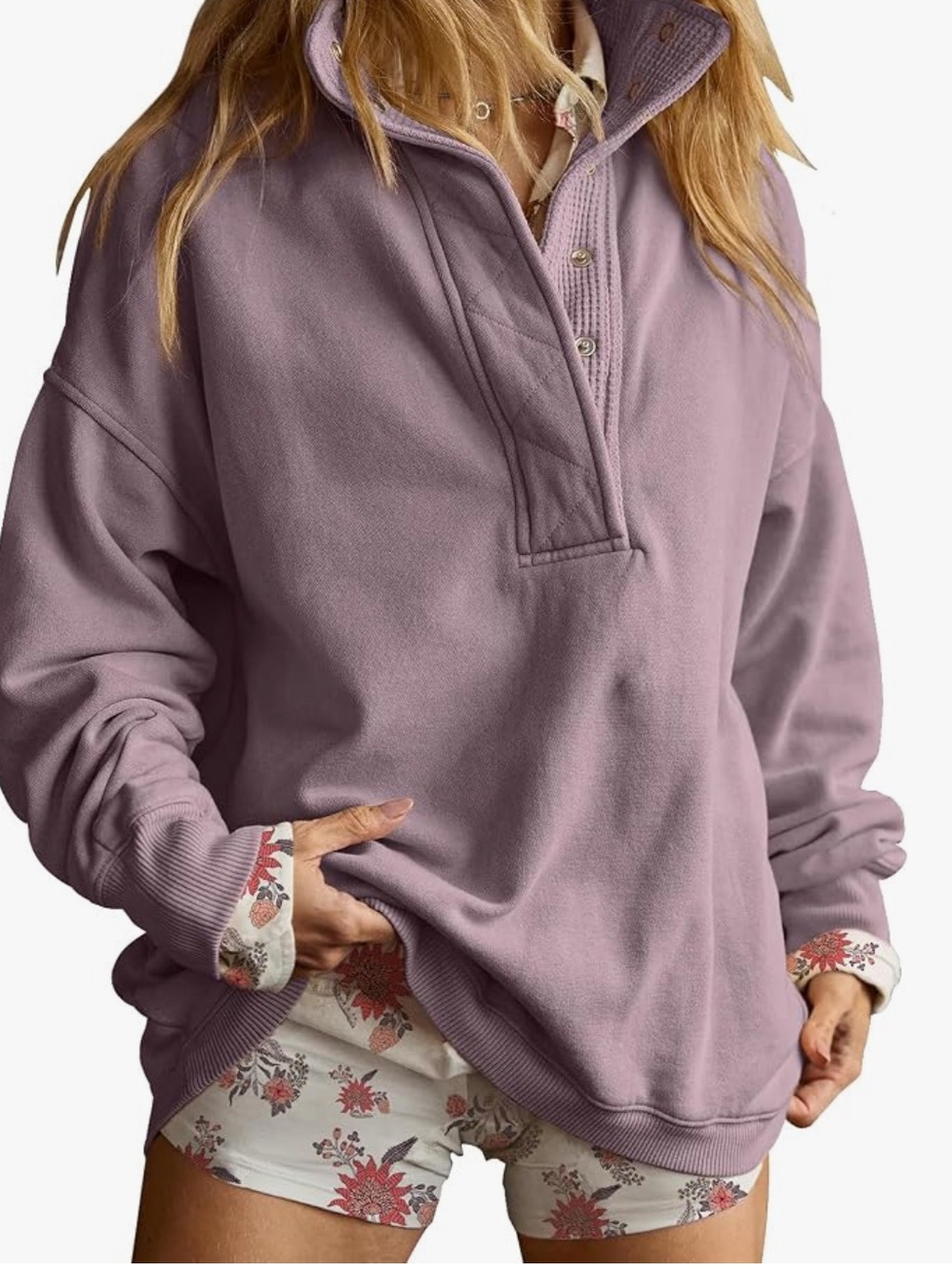 Relaxed Half-Placket Pullover Sweatshirt - Lavender๐
